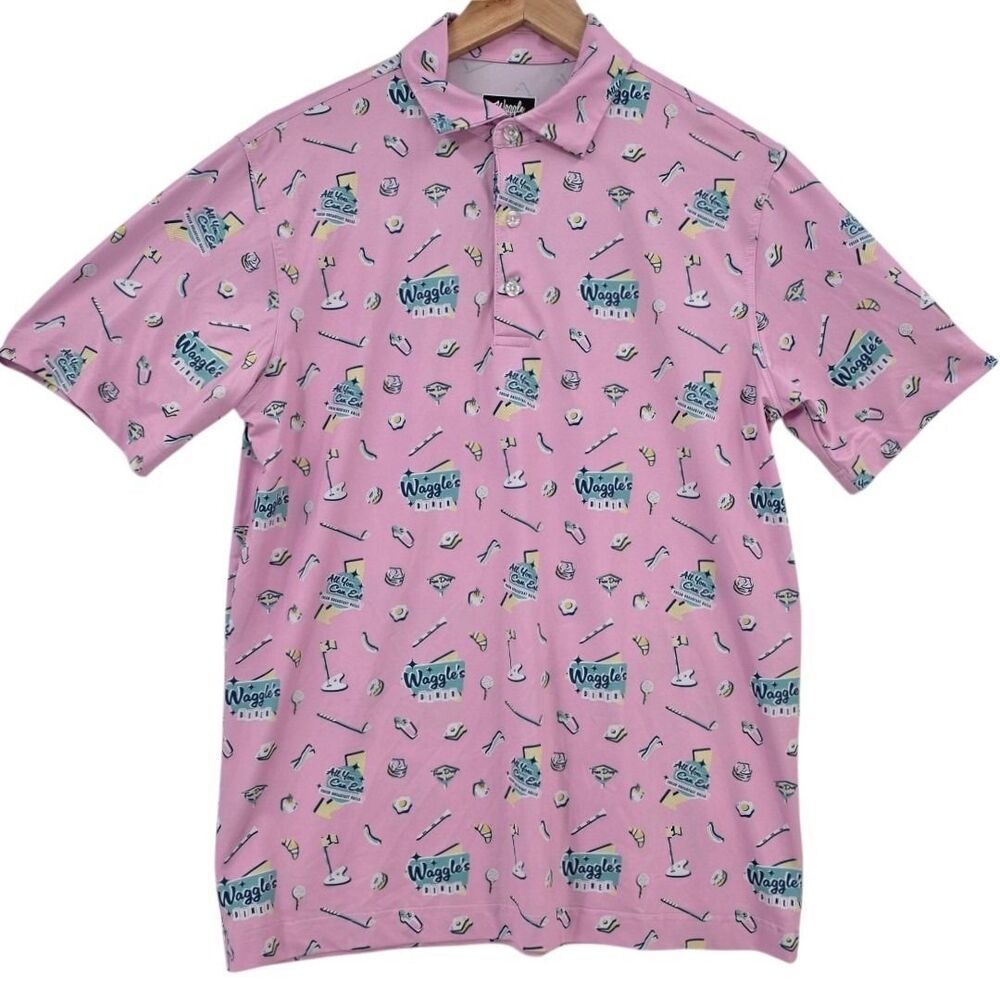 Waggle Mens M Pink Novelty Print Diner Polo Shirt - Picture 2 of 10
